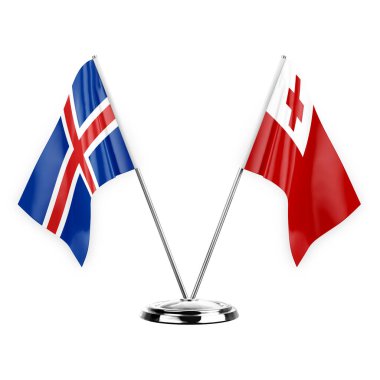 Two table flags isolated on white background 3d illustration, iceland and tonga