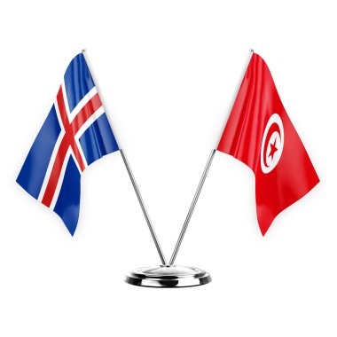 Two table flags isolated on white background 3d illustration, iceland and tunisia