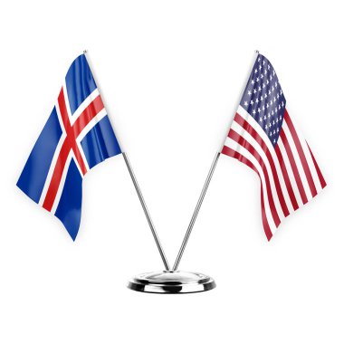 Two table flags isolated on white background 3d illustration, iceland and usa