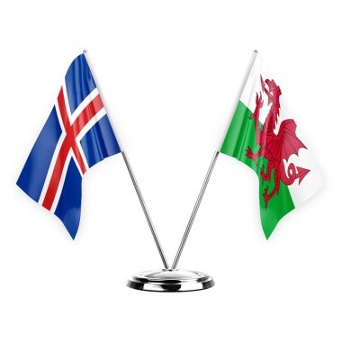 Two table flags isolated on white background 3d illustration, iceland and wales