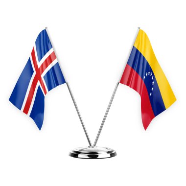 Two table flags isolated on white background 3d illustration, iceland and venezuela