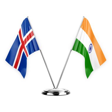 Two table flags isolated on white background 3d illustration, iceland and india
