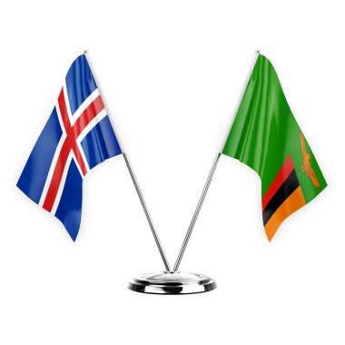Two table flags isolated on white background 3d illustration, iceland and zambia