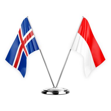 Two table flags isolated on white background 3d illustration, iceland and indonesia