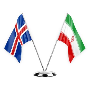 Two table flags isolated on white background 3d illustration, iceland and iran