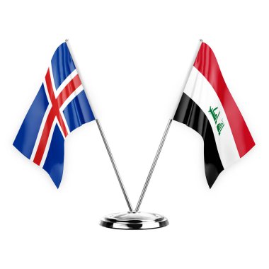 Two table flags isolated on white background 3d illustration, iceland and iraq