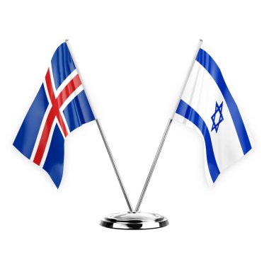 Two table flags isolated on white background 3d illustration, iceland and israel