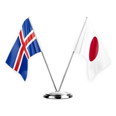 Two table flags isolated on white background 3d illustration, iceland and japan