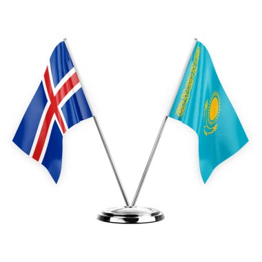 Two table flags isolated on white background 3d illustration, iceland and kazakhstan