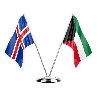 Two table flags isolated on white background 3d illustration, iceland and kuwait