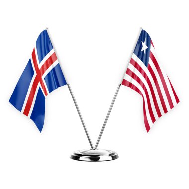 Two table flags isolated on white background 3d illustration, iceland and liberia