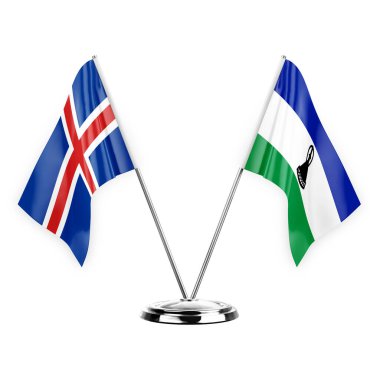 Two table flags isolated on white background 3d illustration, iceland and lesotho