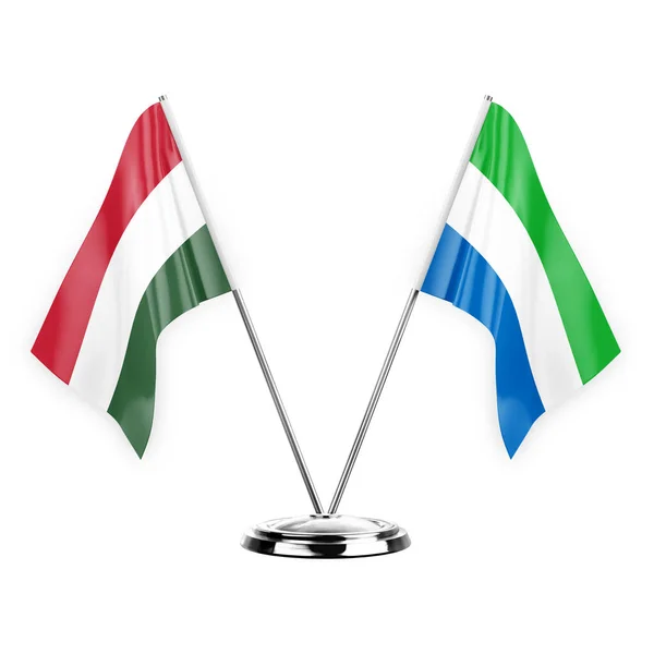 白い背景の3Dイラストに隔離された2つのテーブルフラグ ハンガリーとシエラレオネ — ストック写真