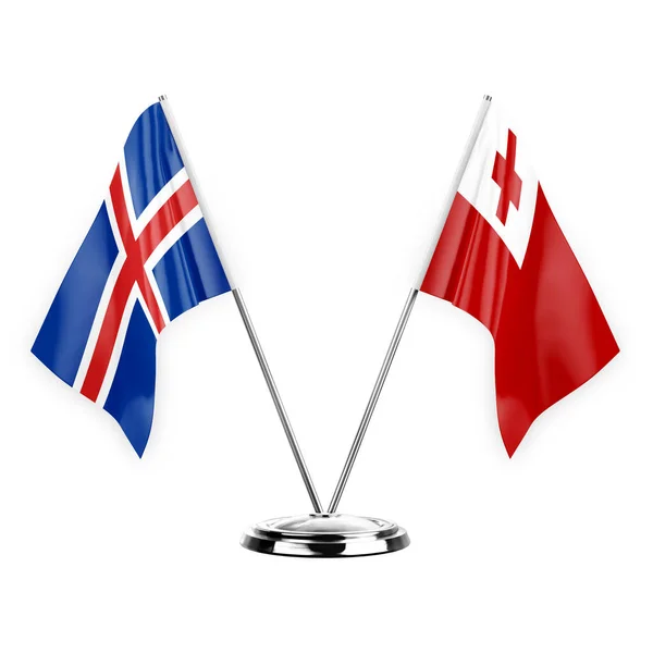 Two Table Flags Isolated White Background Illustration Iceland Tonga — стоковое фото