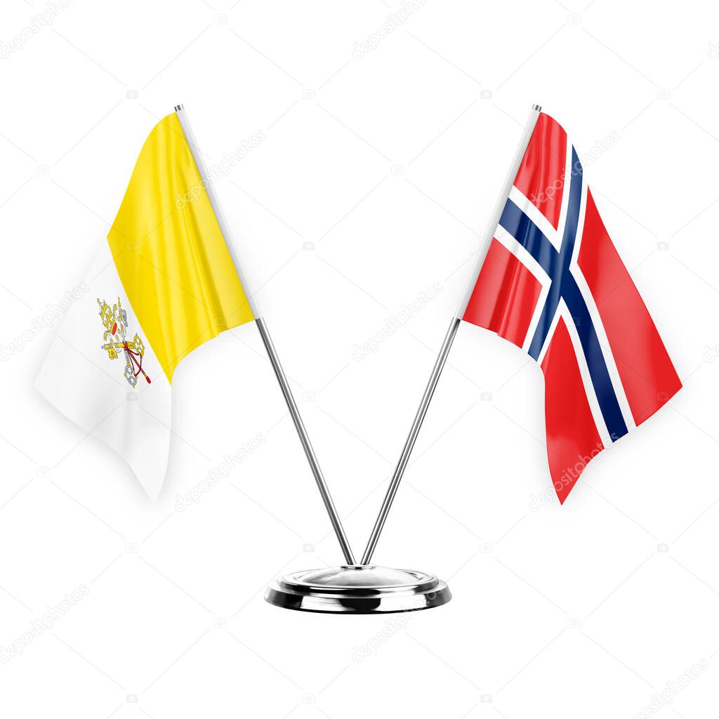 Two table flags isolated on white background 3d illustration, holy see and norway