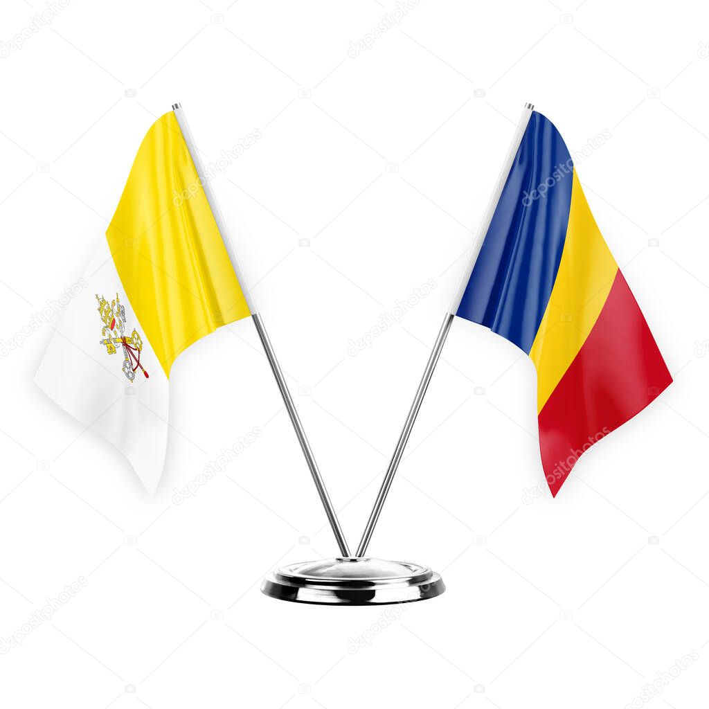 Two table flags isolated on white background 3d illustration, holy see and romania