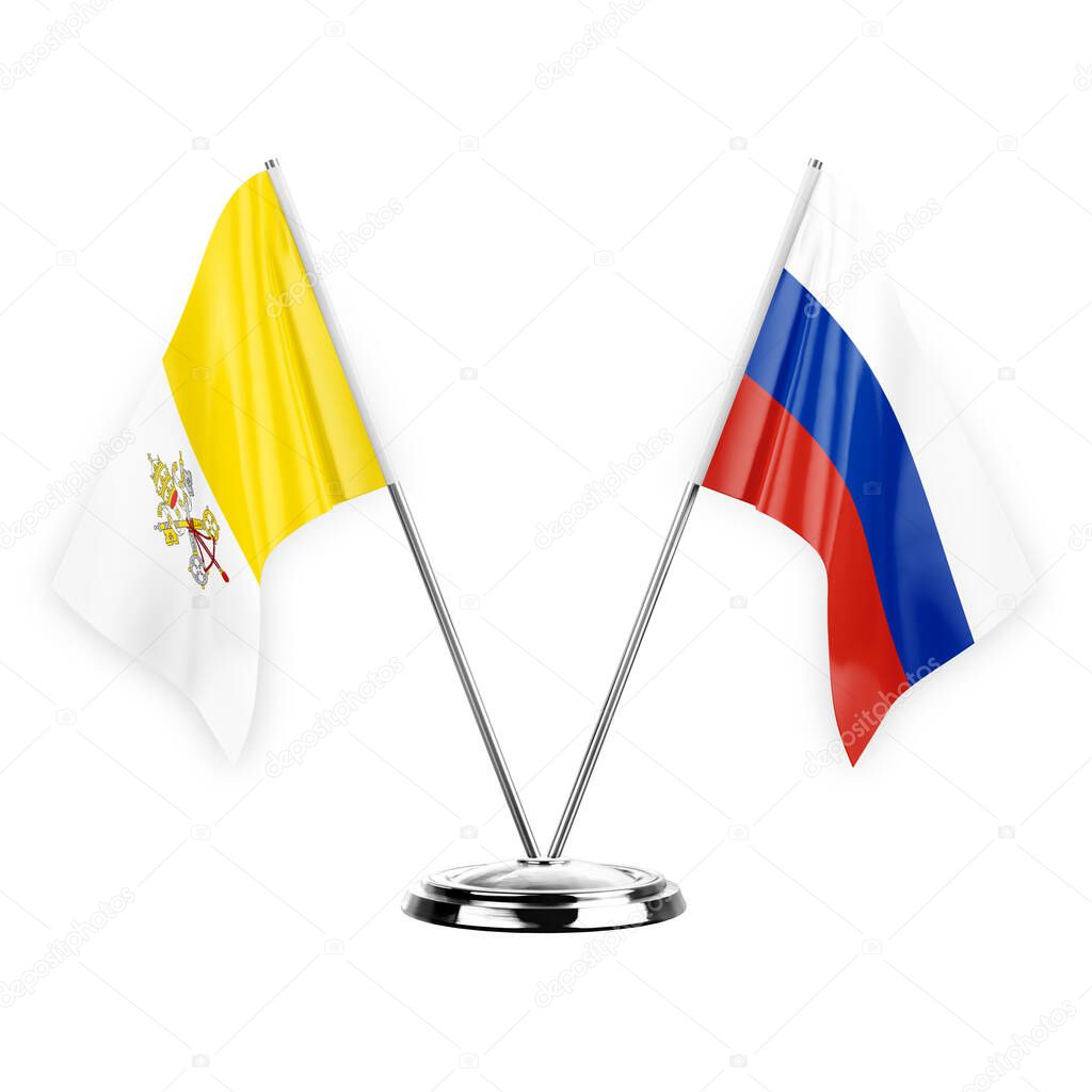 Two table flags isolated on white background 3d illustration, holy see and russia