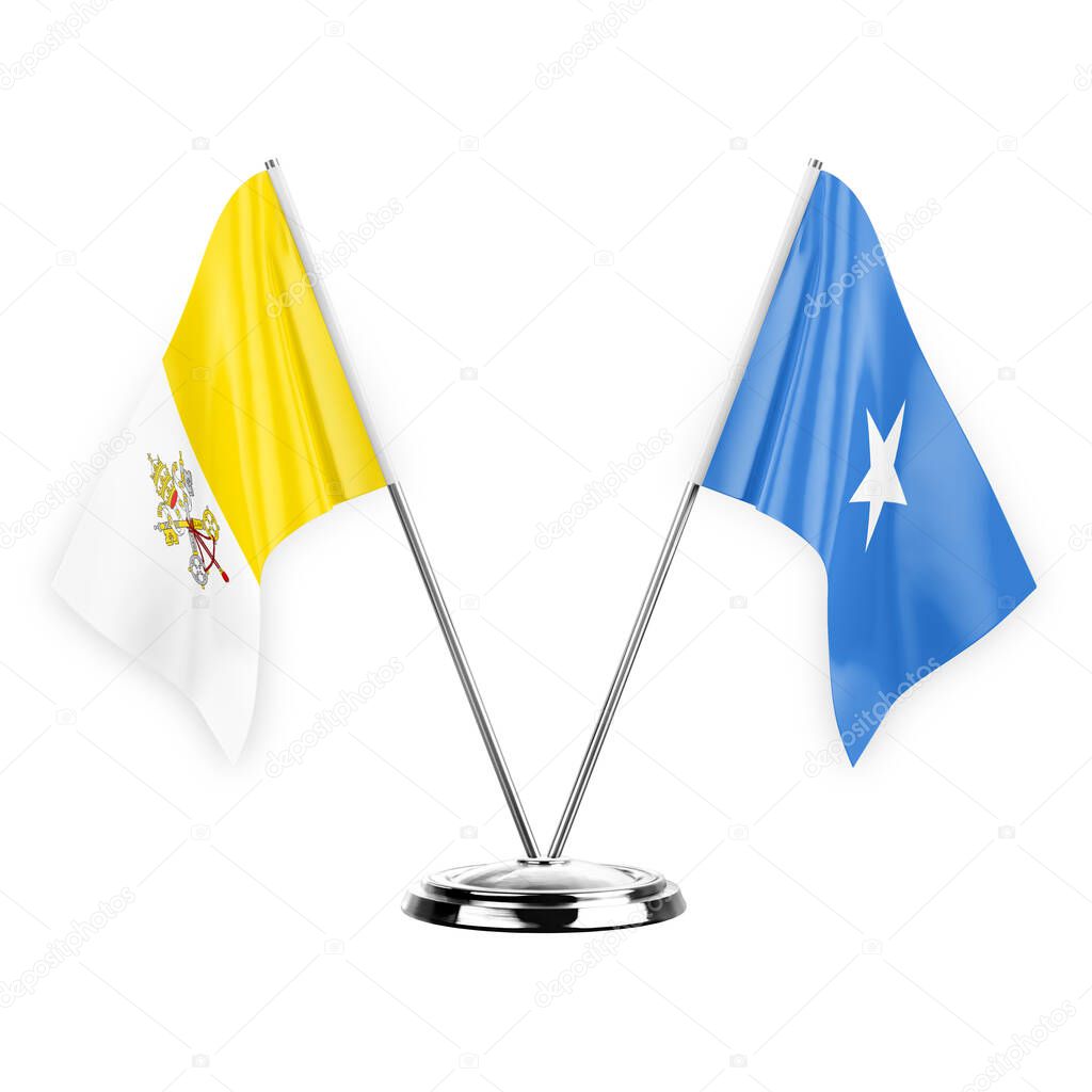 Two table flags isolated on white background 3d illustration, holy see and somalia