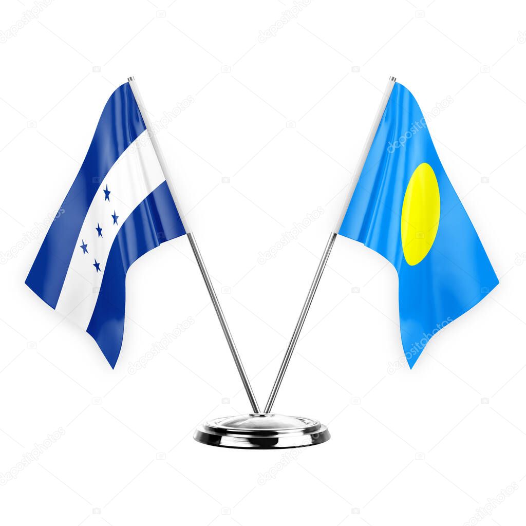 Two table flags isolated on white background 3d illustration, honduras and palau