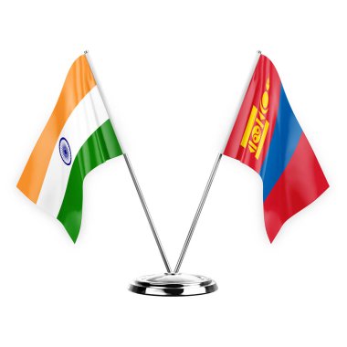 Two table flags isolated on white background 3d illustration, india and mongolia