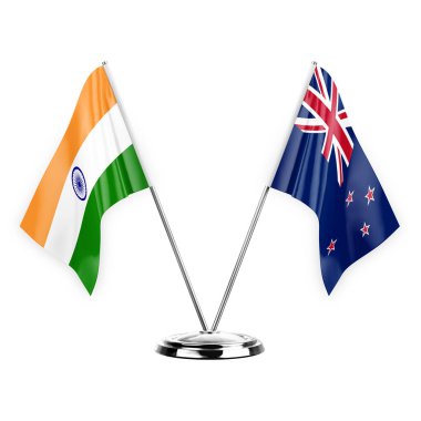 Two table flags isolated on white background 3d illustration, india and new zealand