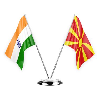Two table flags isolated on white background 3d illustration, india and north macedonia