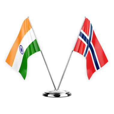 Two table flags isolated on white background 3d illustration, india and norway