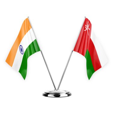 Two table flags isolated on white background 3d illustration, india and oman