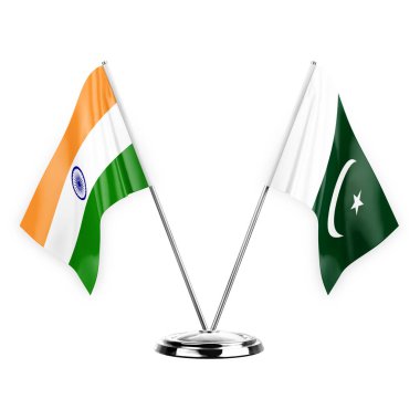 Two table flags isolated on white background 3d illustration, india and pakistan