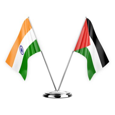 Two table flags isolated on white background 3d illustration, india and palestine