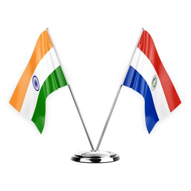 Two table flags isolated on white background 3d illustration, india and paraguay