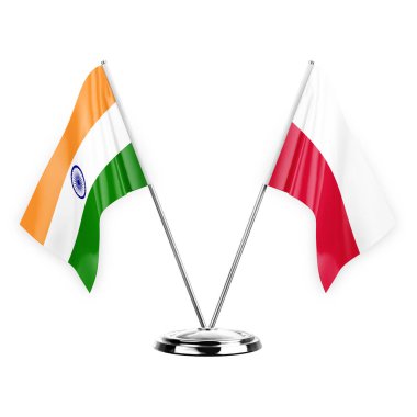 Two table flags isolated on white background 3d illustration, india and poland