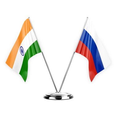 Two table flags isolated on white background 3d illustration, india and russia
