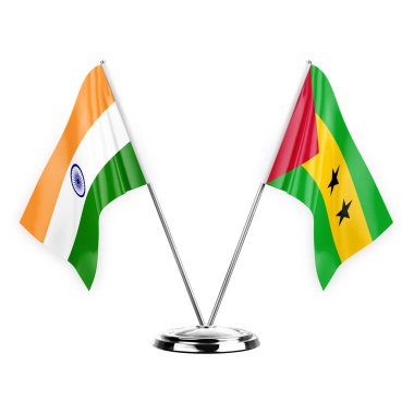 Two table flags isolated on white background 3d illustration, india and sao tome and principe