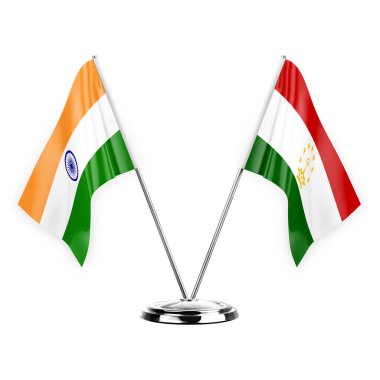 Two table flags isolated on white background 3d illustration, india and tajikistan