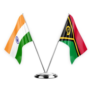 Two table flags isolated on white background 3d illustration, india and vanuatu