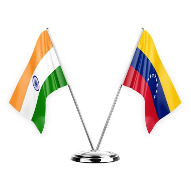 Two table flags isolated on white background 3d illustration, india and venezuela