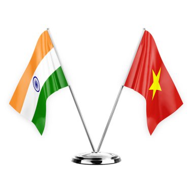 Two table flags isolated on white background 3d illustration, india and vietnam