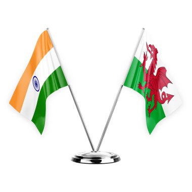 Two table flags isolated on white background 3d illustration, india and wales