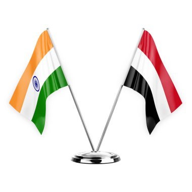 Two table flags isolated on white background 3d illustration, india and yemen