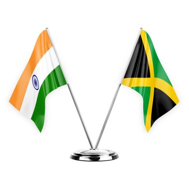 Two table flags isolated on white background 3d illustration, india and jamaica