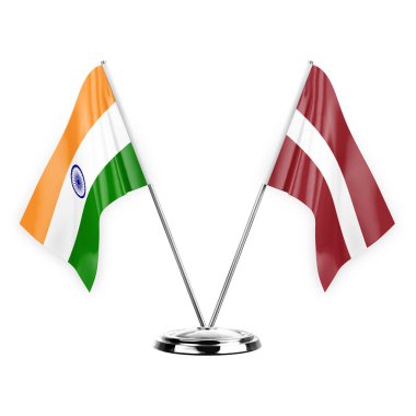 Two table flags isolated on white background 3d illustration, india and latvia
