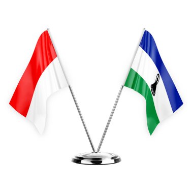 Two table flags isolated on white background 3d illustration, indonesia and lesotho