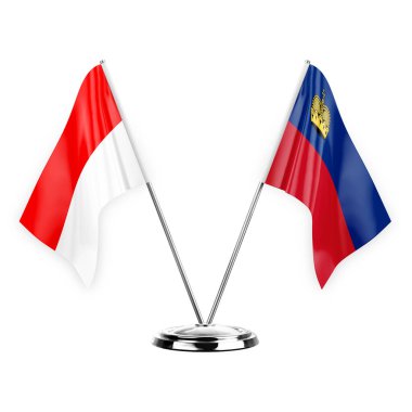 Two table flags isolated on white background 3d illustration, indonesia and liechtenstein