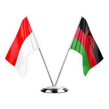 Two table flags isolated on white background 3d illustration, indonesia and malawi