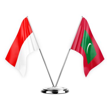 Two table flags isolated on white background 3d illustration, indonesia and maldives