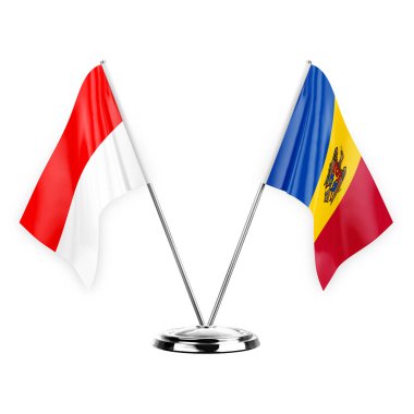 Two table flags isolated on white background 3d illustration, indonesia and moldova