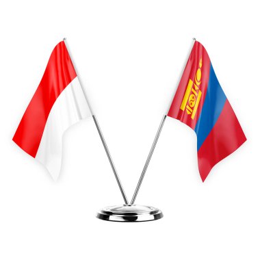 Two table flags isolated on white background 3d illustration, indonesia and mongolia