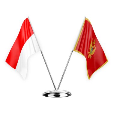 Two table flags isolated on white background 3d illustration, indonesia and montenegro