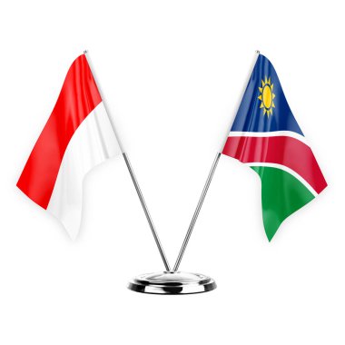 Two table flags isolated on white background 3d illustration, indonesia and namibia